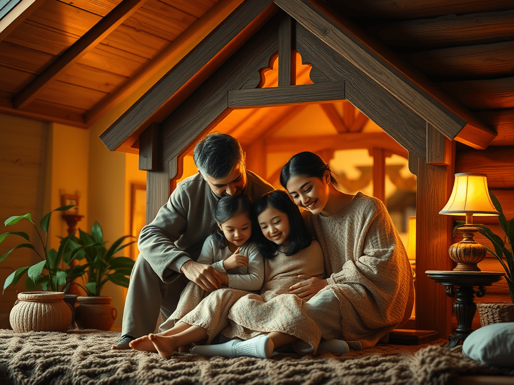 A family cuddles together on the floor of a cozy room—showcasing the themes of the fourth astrological house