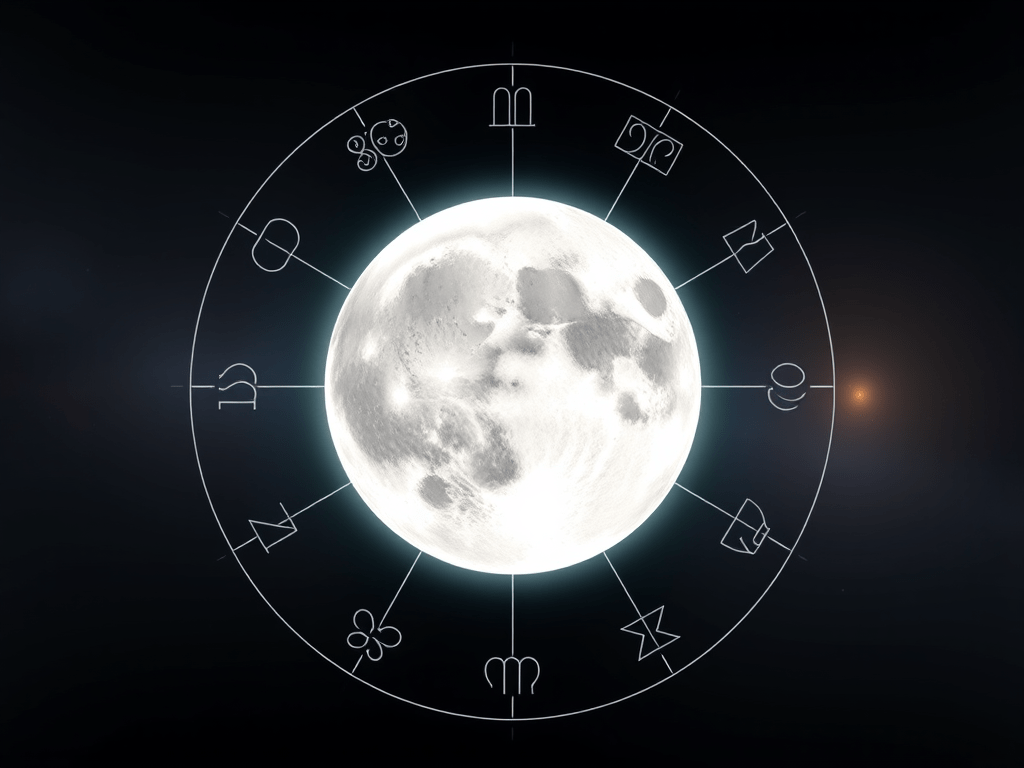 The moon at the center of a cosmic chart; evoking: astrology, planetary transits, zodiac signs, birth chart, and moon phases