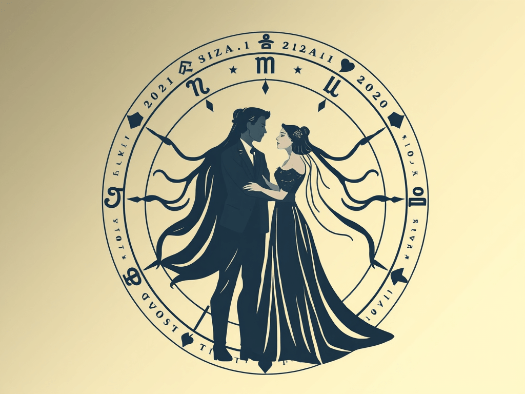 A couple stands facing each other, entwined within an ancient chart—illustrating themes of astrology's seventh house