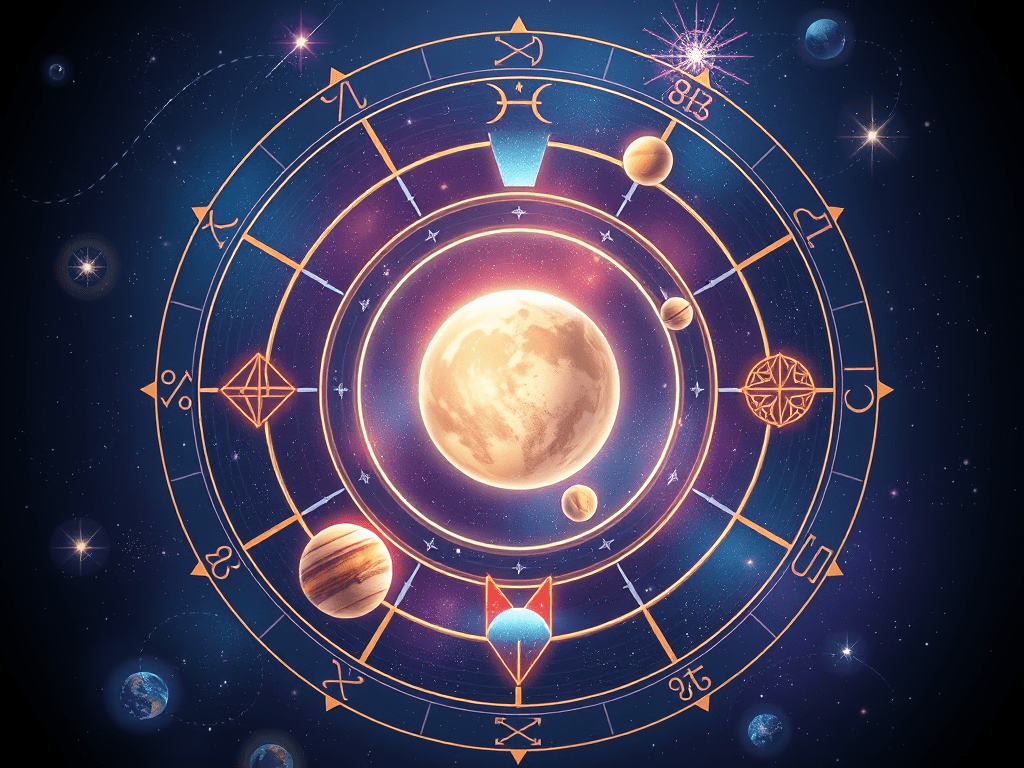 Planets against a cosmic chart; evoking: astrology, planetary transits, zodiac signs, birth chart, and moon phases