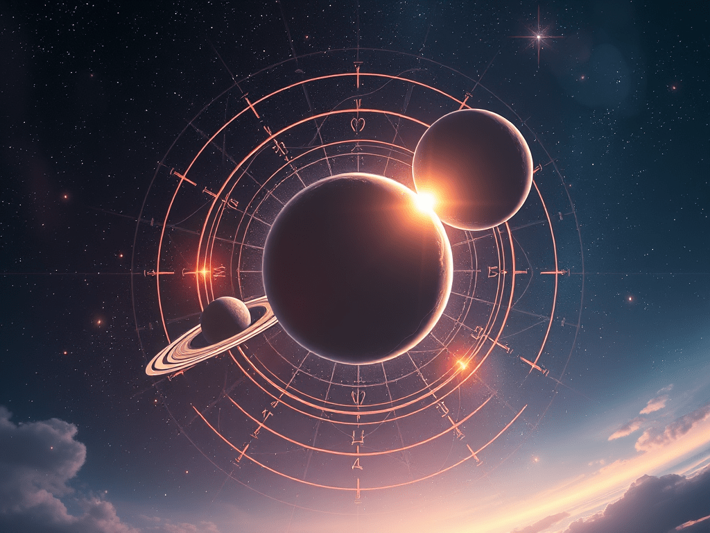 Planets silhouetted against the cosmos, evoking: astrology, natal chart, aspects, transits, and returns