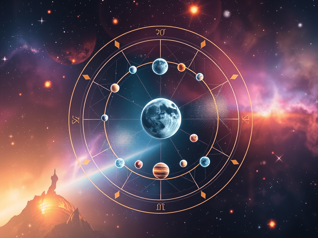 Planets against a chart backdrop in space, evoking: astrology, natal chart, aspects, transits, and returns