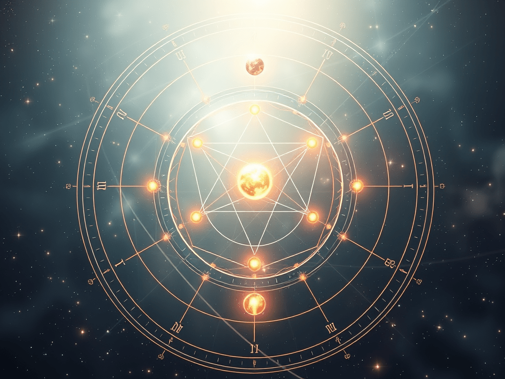 Planets cast against a chart in a cosmic scene, evoking: astrology, natal chart, aspects, transits, and returns