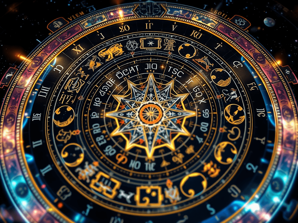 A complex, illuminated chart, evoking: astrology, natal chart, aspects, transits, and returns