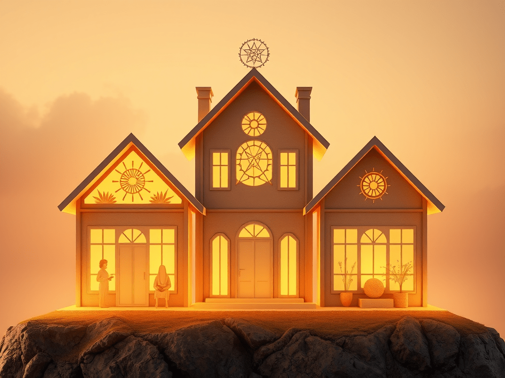 Three illuminated houses, side by side