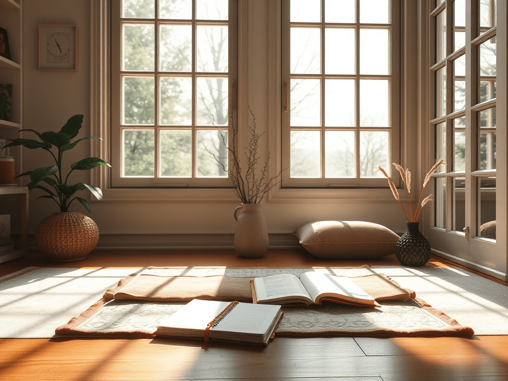 Journals or books laid out on the floor of a bright room, evoking: astrology, natal chart, aspects, transits, and returns