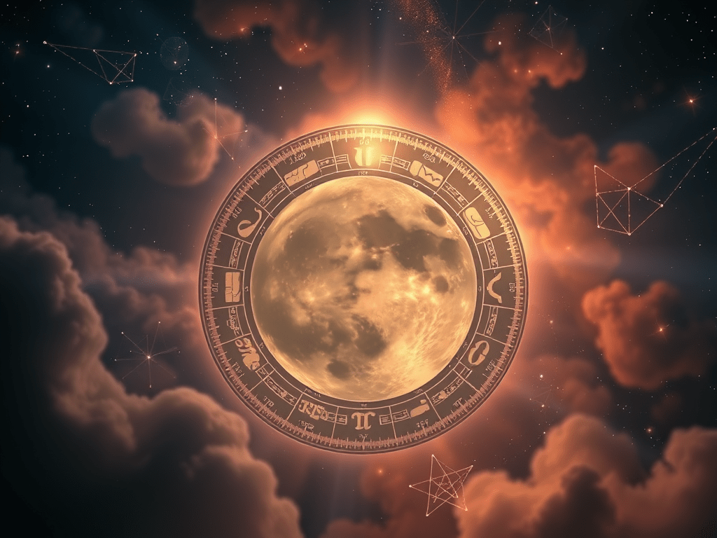 The moon surrounded by a chart and astrology symbols, evoking: astrology, natal chart, aspects, transits, and returns