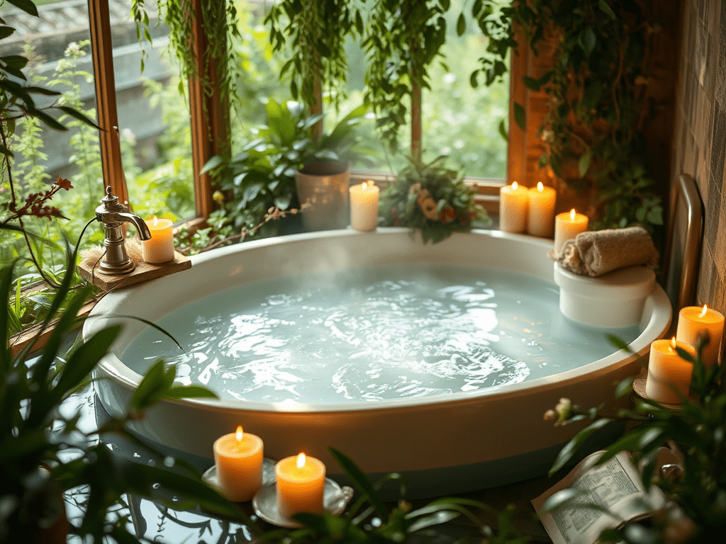 A ritual bath surrounded by candles and plants