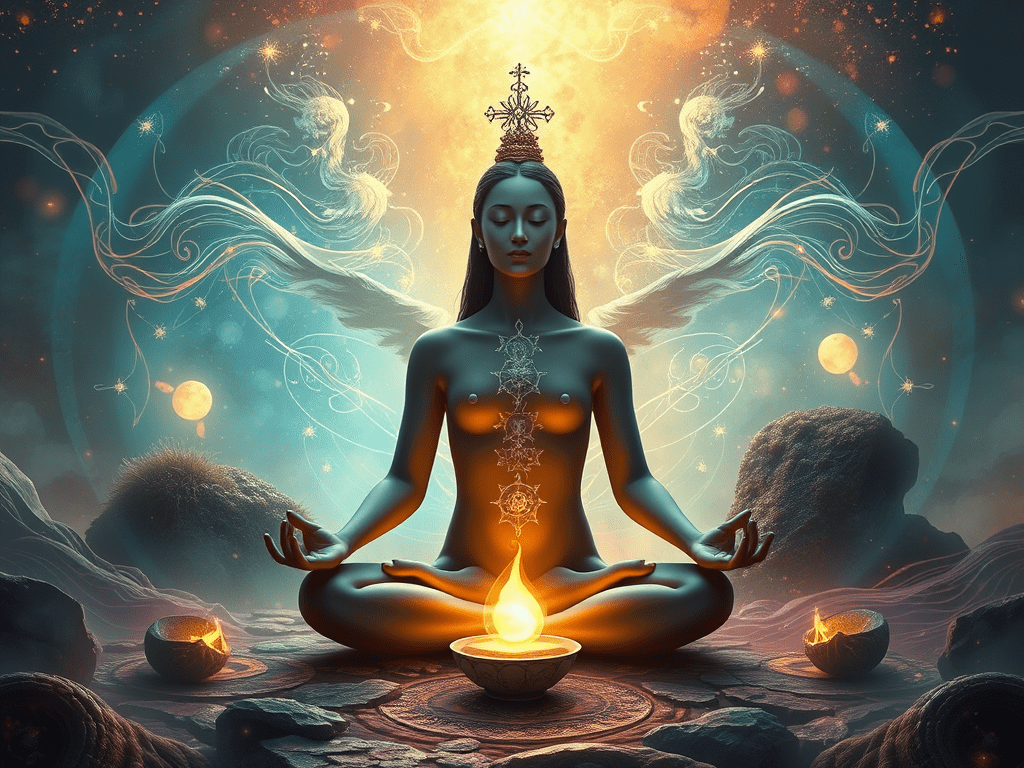 An etheric figure sits in meditation on the astral plane as energetic activation and spiritual connection are indicated through symbols around them