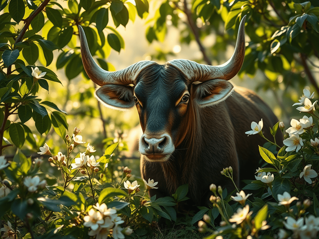 Bull amidst trees and flowers, illustrating Taurus