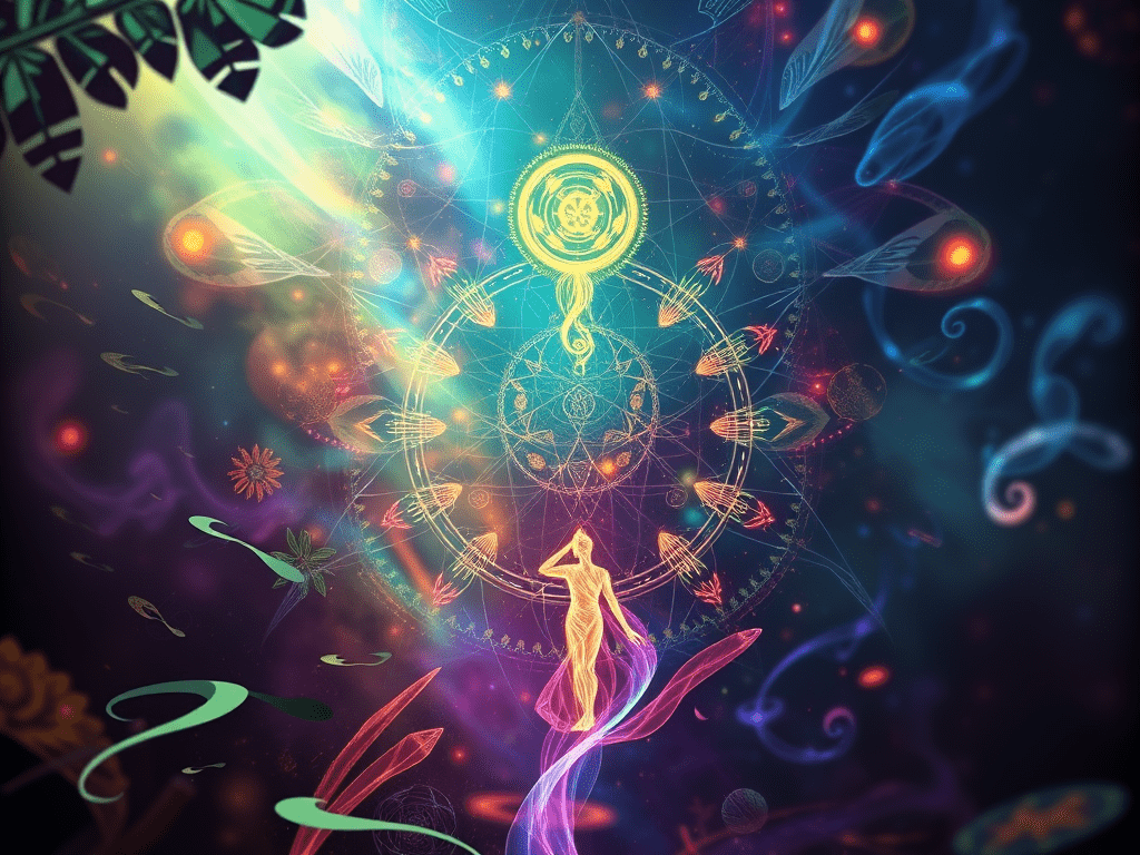 A colorful and energetic image illustrating the mystical effects of DMT