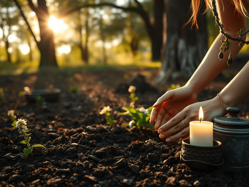 Woman does a Taurus season ritual outside in the dirt with a candle