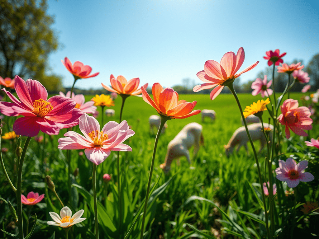 Spring flowers and animals grazing to illustrate celebrating spring with a Beltane festival