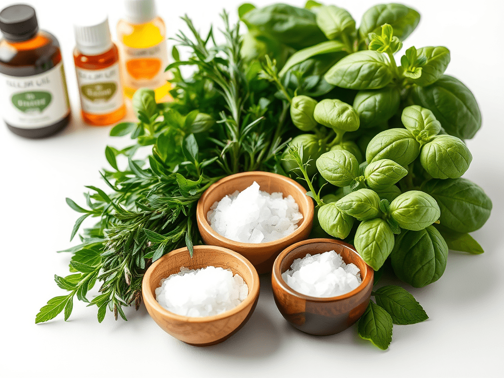 Essential oils, salts, and herbs gathered for a spring cleansing ritual known as a Beltane Bath