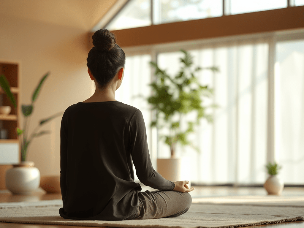 Woman sits in mindfulness practice and awareness in a bright room