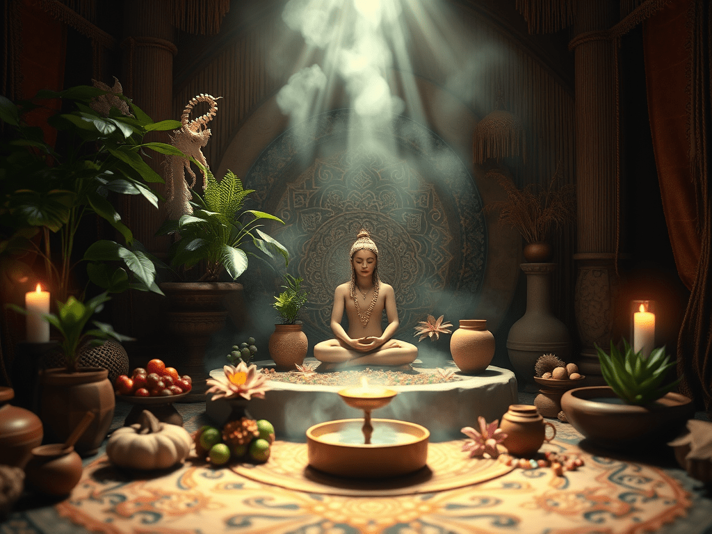 A ritual space with plants and other magick elements