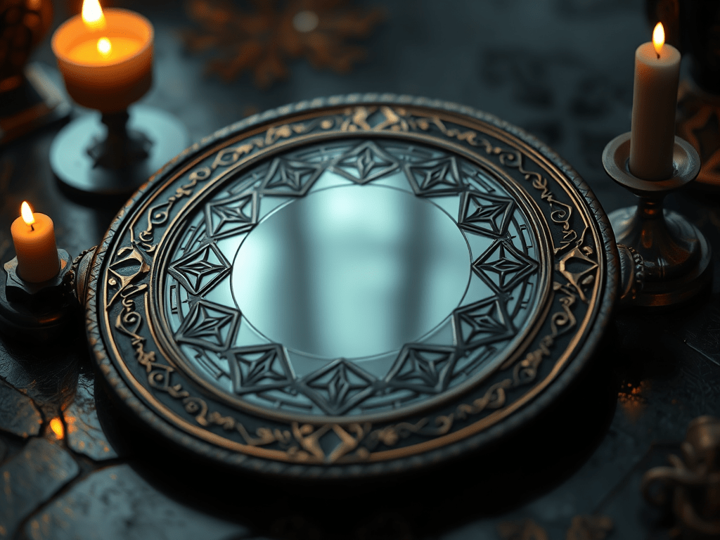 A decorative scrying mirror surrounded by candles, indicating: potential for spiritual connection, divination, and magick