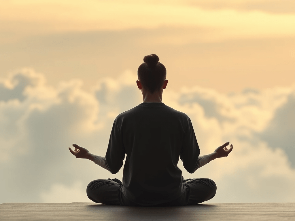 Person in meditation practice overlooking clouds, illustrating surrendering control and letting go in meditation for stress relief