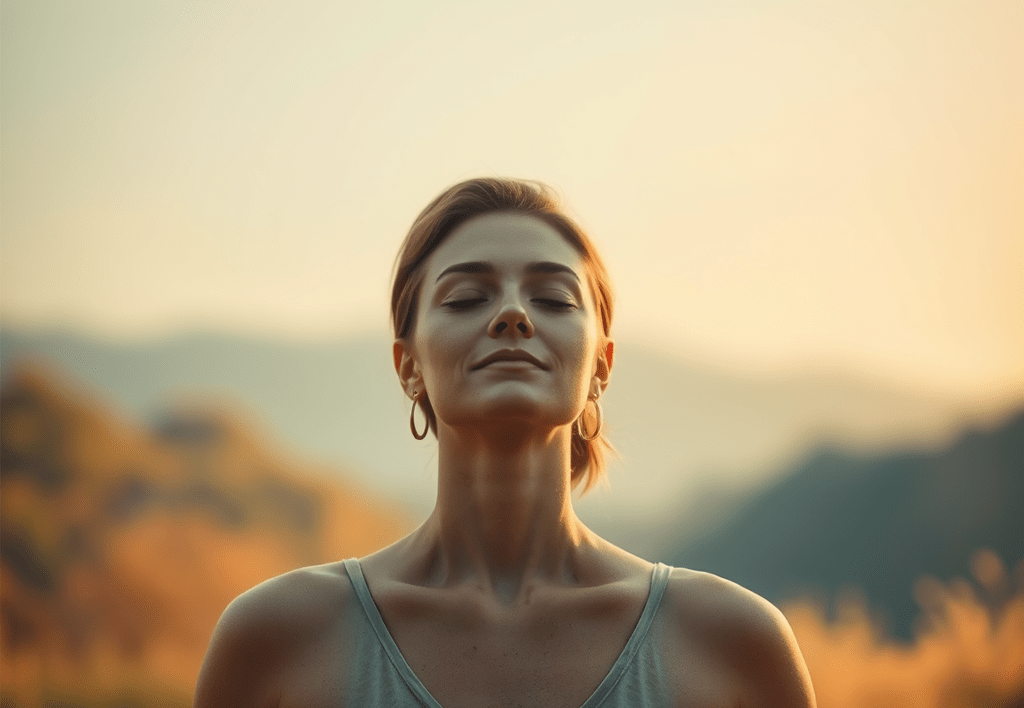 Woman with a serene expression outdoors, illustrationg surrendering control and letting go in meditation practice for stress relief