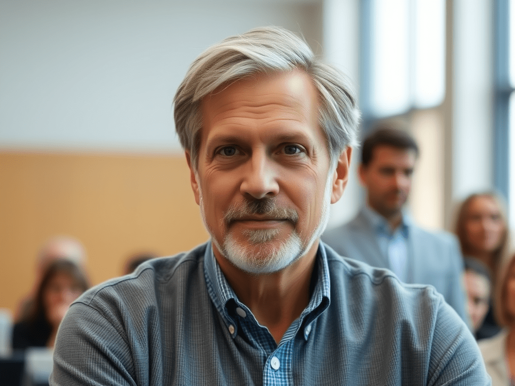 Man with present moment awareness in a room full of other people