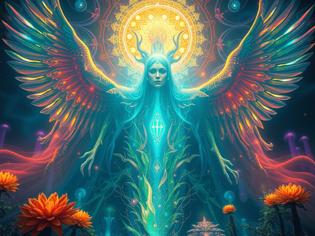 An angelic figure rises in brilliant color and patterns, indicating the spiritual connection available through the practices of meditation, magick, and plant medicine journeys