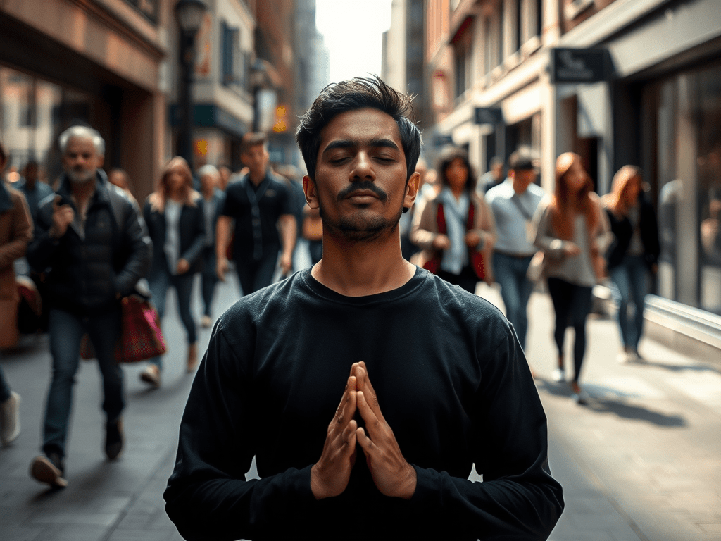 Man meditating on a busy sidewalk