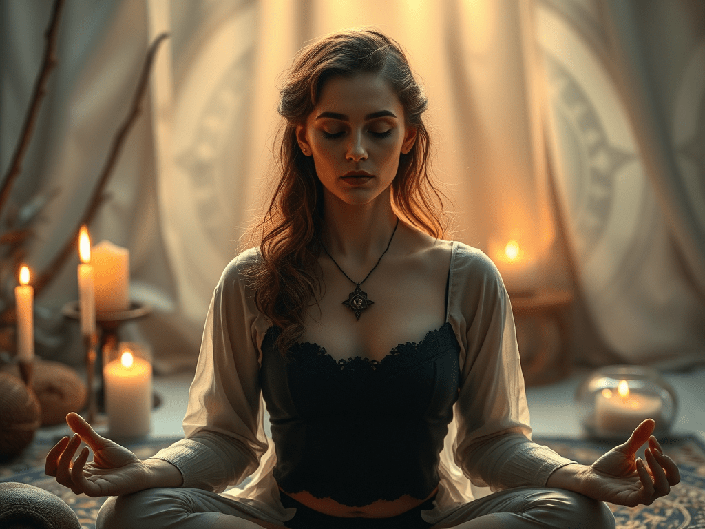 Woman sits in meditation in a ritual space for magick, astral travel, and metaphysical experiences