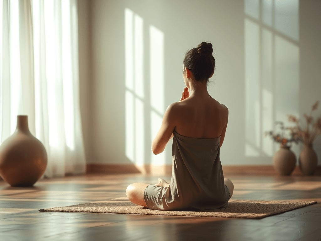 Woman sits in meditation practice in a bright room, illustrating stress relief