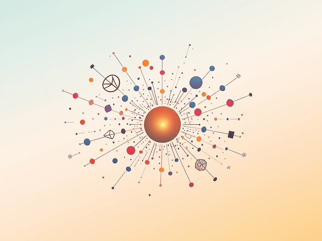 Nodes and shapes converge around a central point, illustrating: guided imagery and positive visualization lead to mental clarity, focus and intention