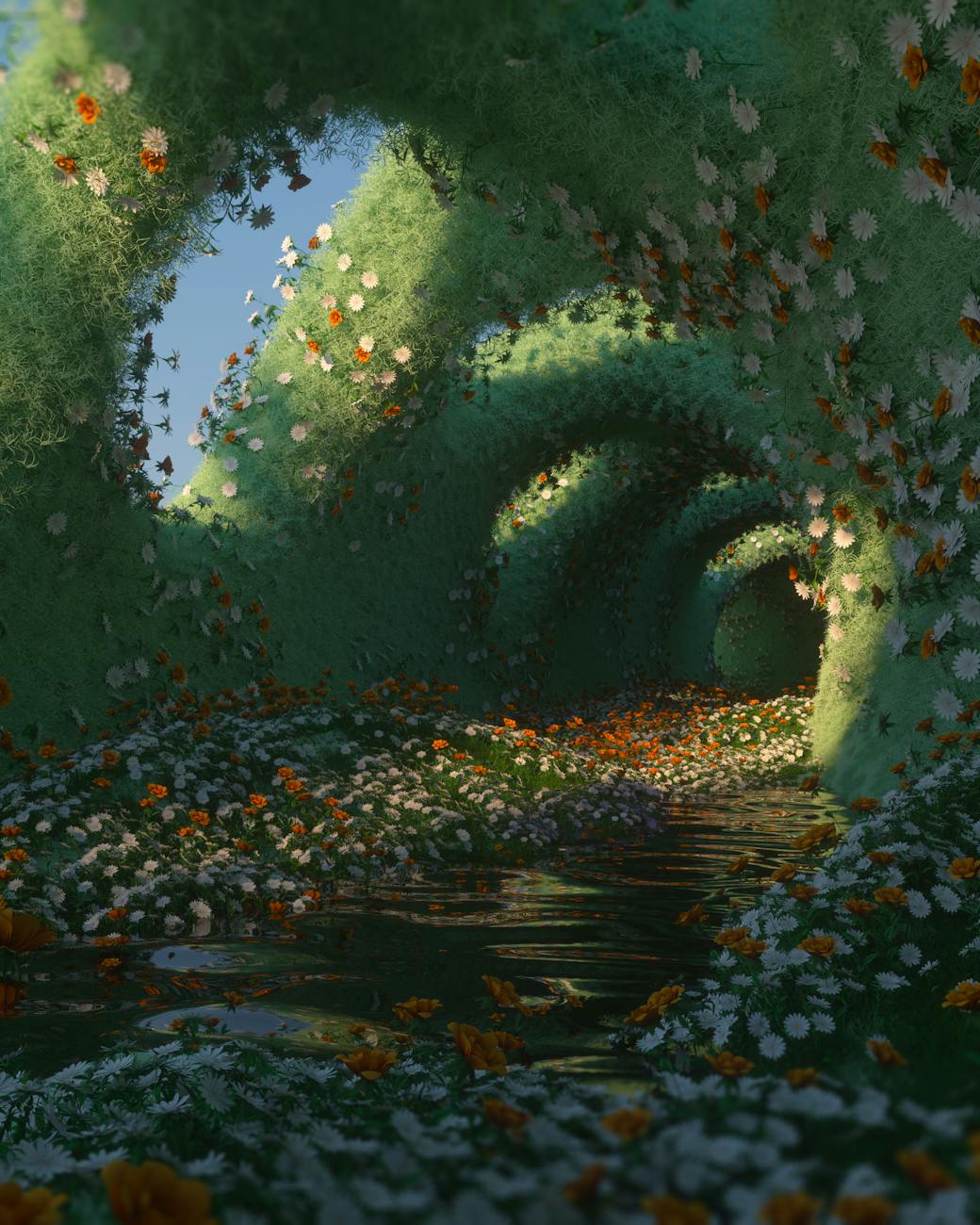 picture of magic garden from fairy tales, illustrating the potential of guided imagery in meditation for stress relief