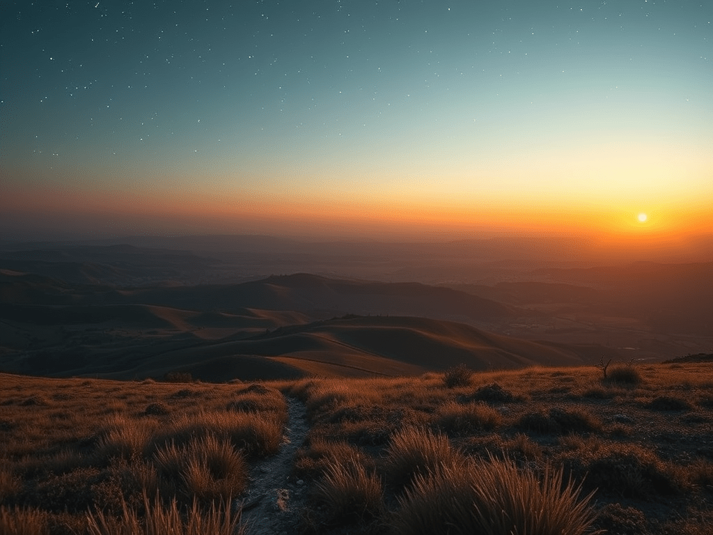 Gemini season sunrise over a hilly landscape