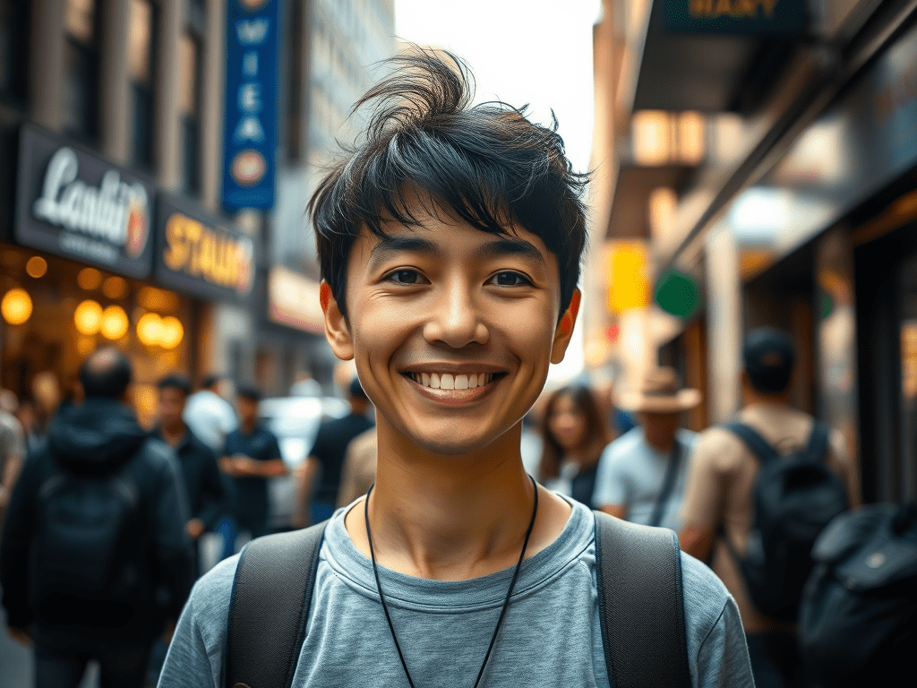 Person smiling in a busy city, illustrating the calm and relaxation available with breathing exercises like deep breathing