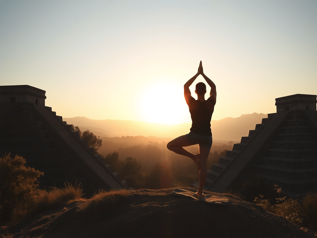 Person doing a summer yoga flow, surya namaskar, for solar energy alignment while celebrating Litha; summer solstice sun salutations
