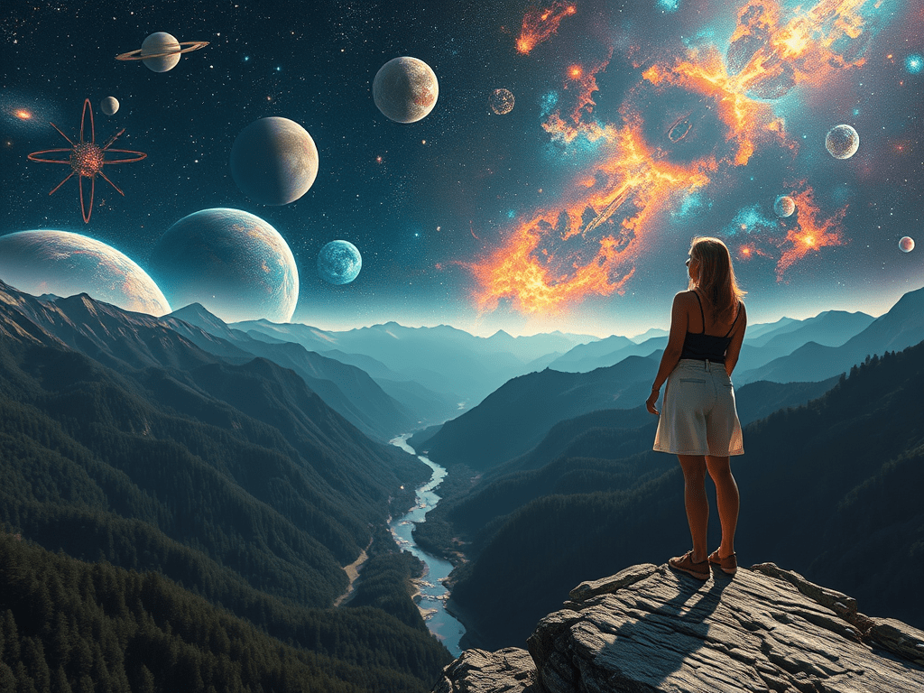 Woman looks out over a strange, cosmic landscape, engages in personal reflections on the cycles of growth and life lessons