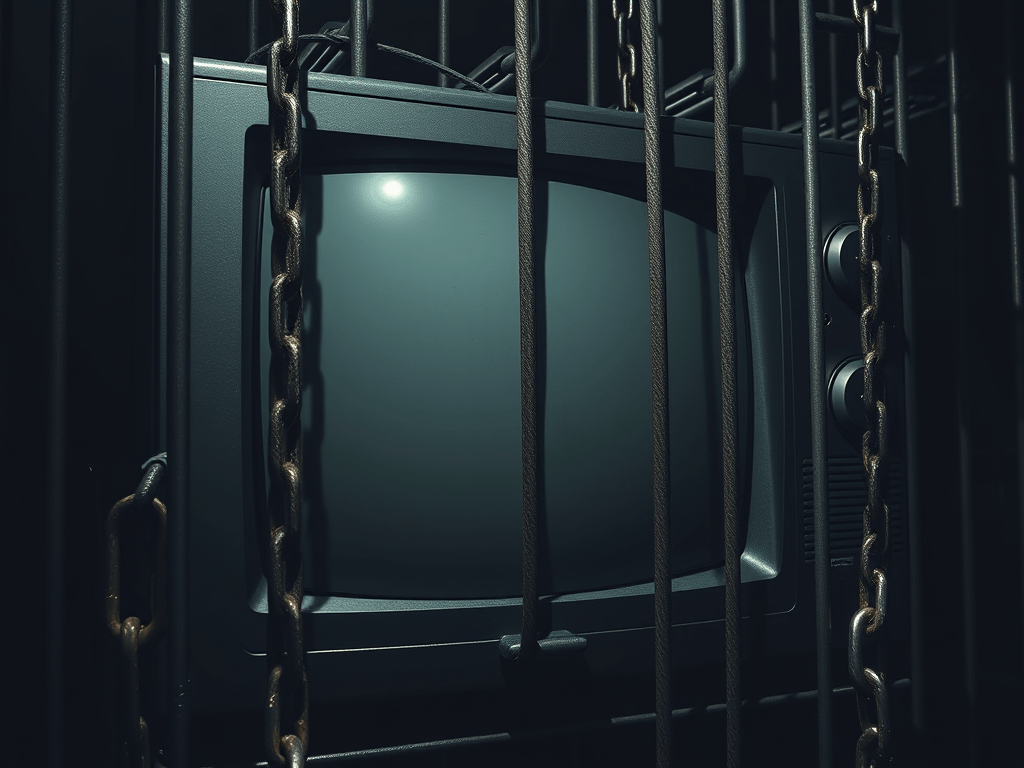 TV in a cage to illustrate the extremity of a dopamine detox rather than sustainable and mindful consumption practices