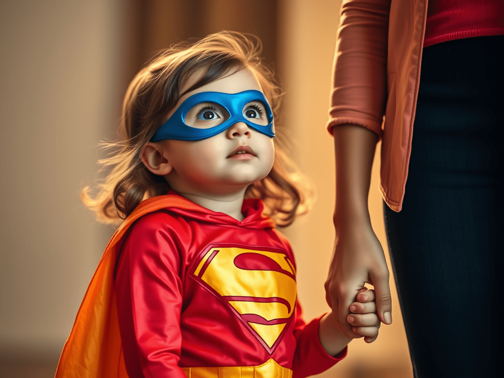little girl in hero costume, encouraging reclaiming sovereignty, overcoming conditioning and learned helplessness, gaining confidence and living with authenticity