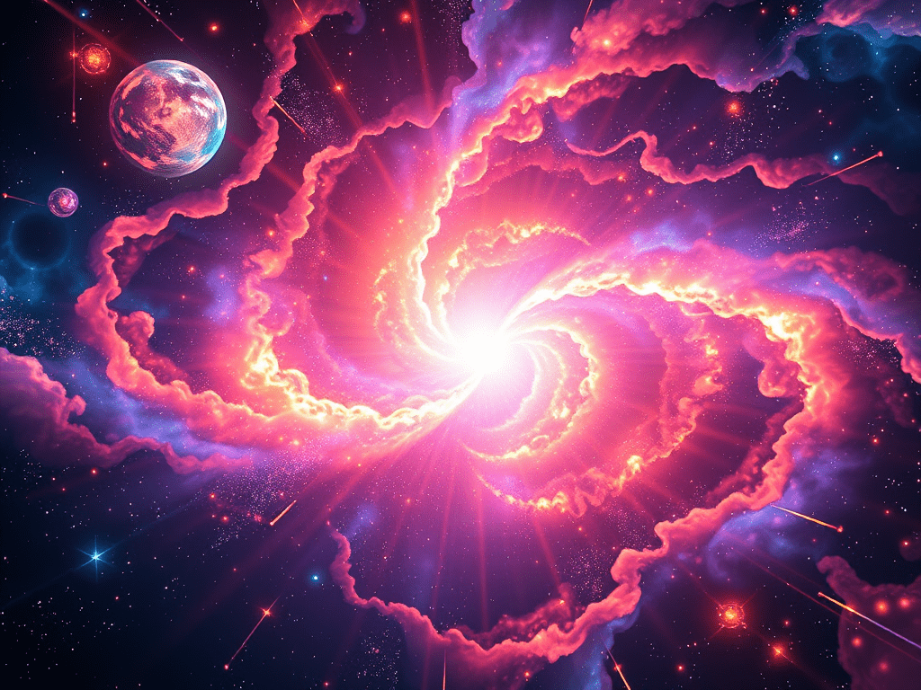 A cosmic dipiction of sacred energy, source or divine power, illustrating spiritual connection, meditation practice, mindfulness and intuition, connect with higher self, and meditation for inner peace