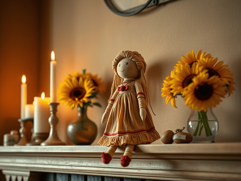 corn husk doll on mantle, corn dolly Lughnasadh craft, Lammas corn husk doll, a Pagan harvest tradition to celebrate first harvest