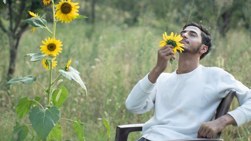 man relaxing in garden with sunflowers, illustrating spiritual growth, meditation, awareness, ego transcendence, and intuitive wisdom