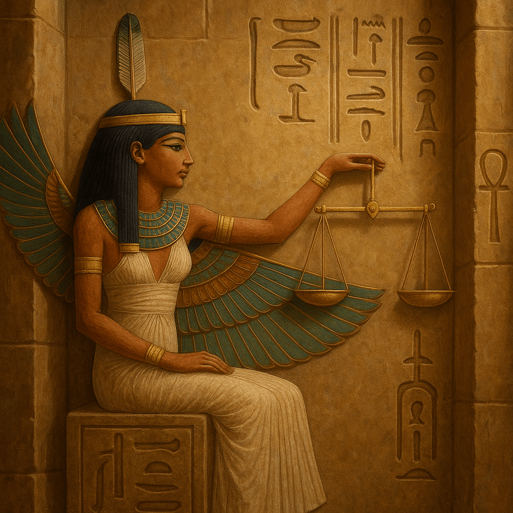 Ma'at scales of justice, illustrating: Ma'at, Egyptian goddess, Libra archetype, goddess of truth, cosmic harmony, and balance