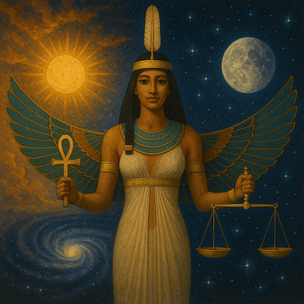 Ma'at cosmic balance and harmony, illustrating: Ma'at, Egyptian goddess, Libra archetype, goddess of truth, cosmic harmony, and balance