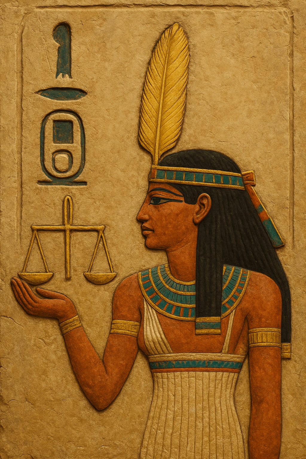Ma'at feather of truth and scales of justice, illustrating: Ma'at, Egyptian goddess, Libra archetype, goddess of truth, cosmic harmony, and balance