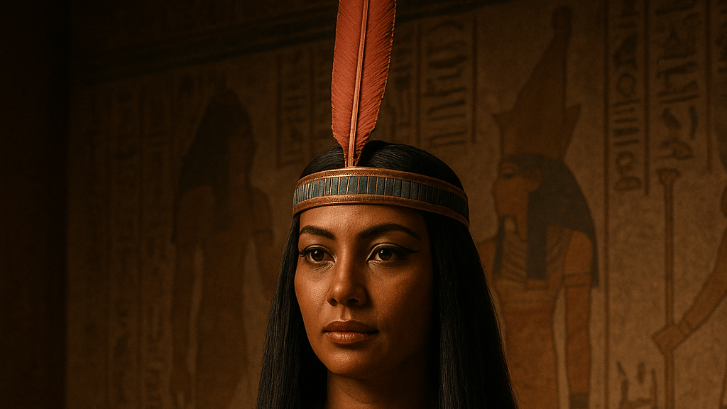 Ancient Egyptian goddess Ma'at, illustrating: Ma'at, Egyptian goddess, Libra archetype, goddess of truth, cosmic harmony, and balance