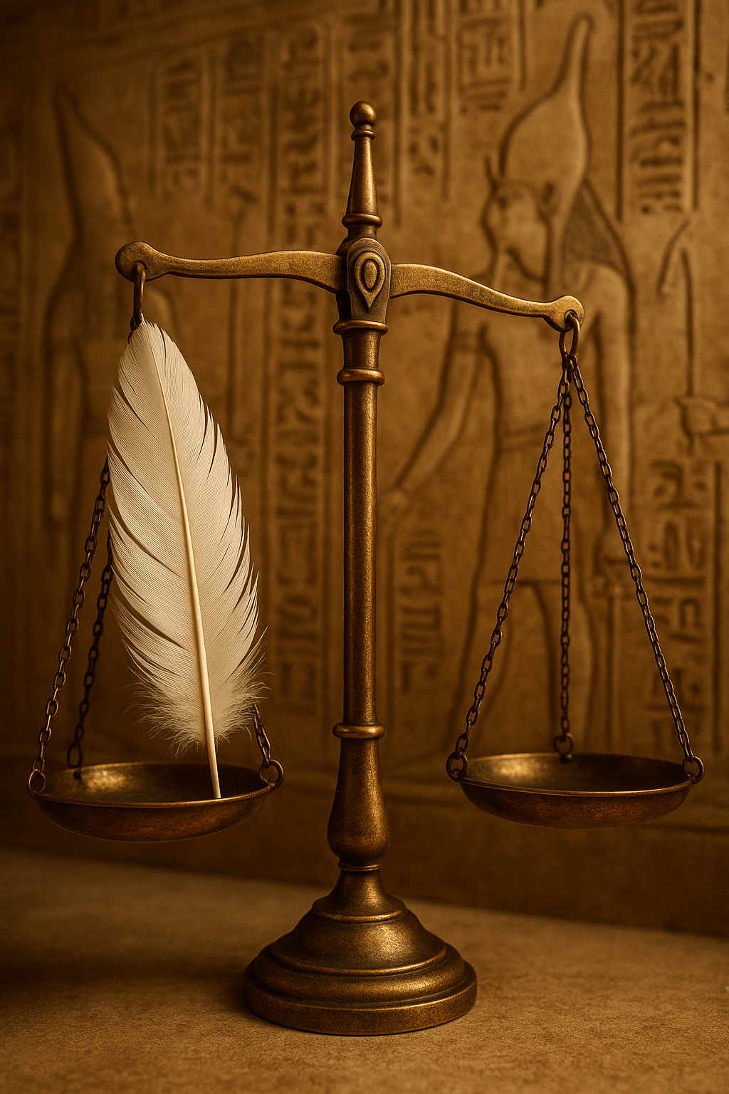 Feather on scales, illustrating: Ma'at, Egyptian goddess, Libra archetype, goddess of truth, cosmic harmony, and balance