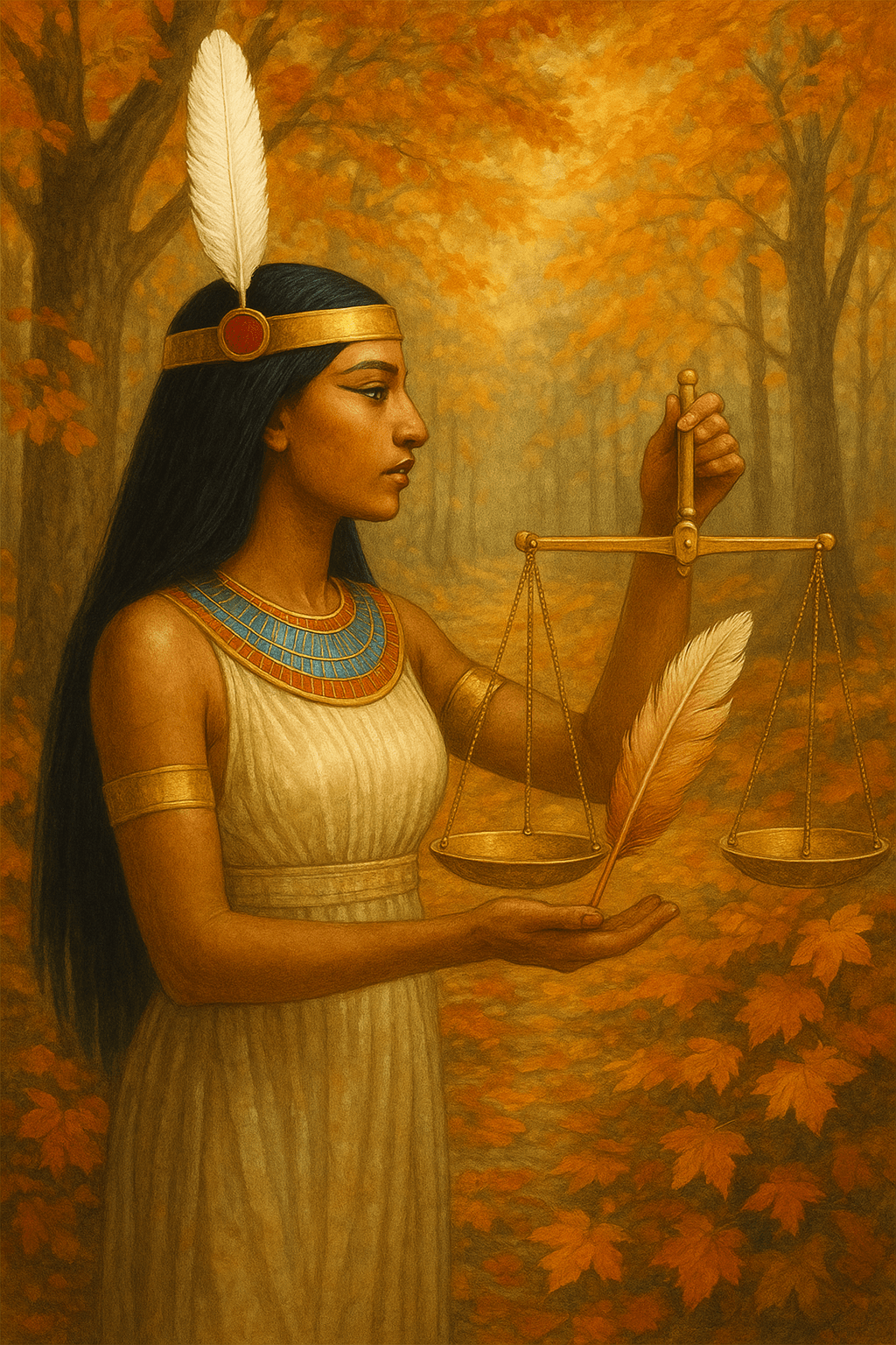 Ma'at feather of truth and scales of justice, illustrating: Ma'at, Egyptian goddess, Libra archetype, goddess of truth, cosmic harmony, and balance