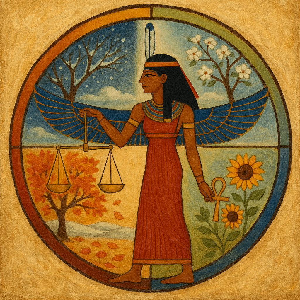 Ma'at seasonal harmony, illustrating: Ma'at, Egyptian goddess, Libra archetype, goddess of truth, cosmic harmony, and balance