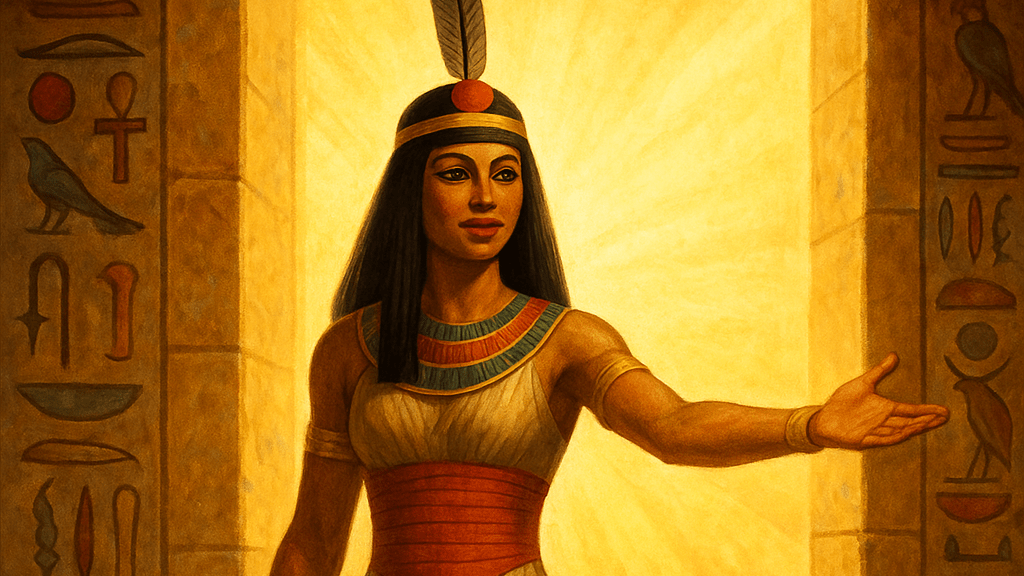 Ma'at welcoming, illustrating: Ma'at, Egyptian goddess, Libra archetype, goddess of truth, cosmic harmony, and balance