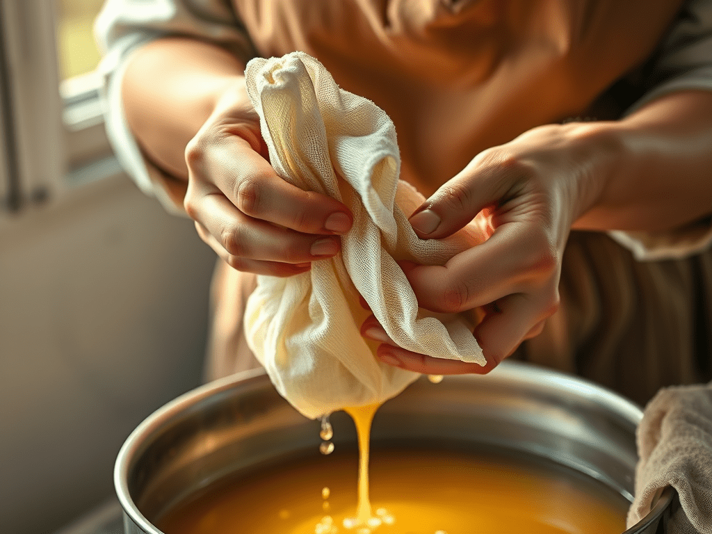 Squeezing cider through cheesecloth, illustrating: how to Celebrate Mabon, spiced apple cider recipe, autumn ritual, seasonal drink, and the Wheel of the Year