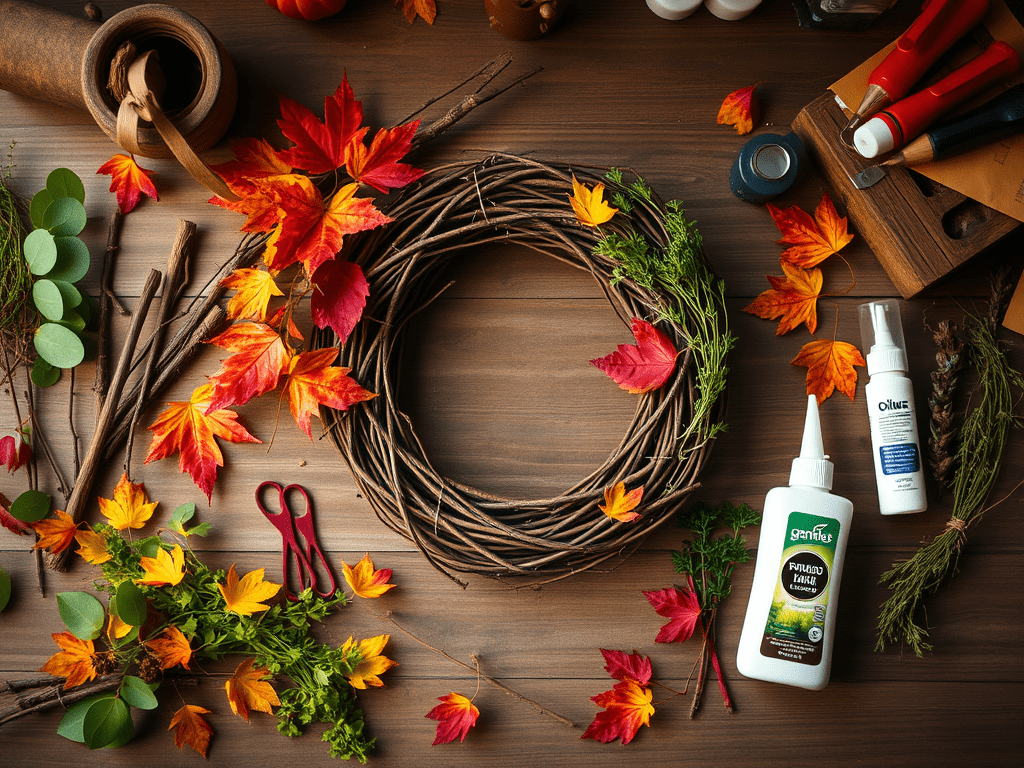 A Mabon wreath being crafted, evoking: Mabon wreath, autumn equinox craft, seasonal wreath symbolism, harvest celebration decor, and DIY fall wreath