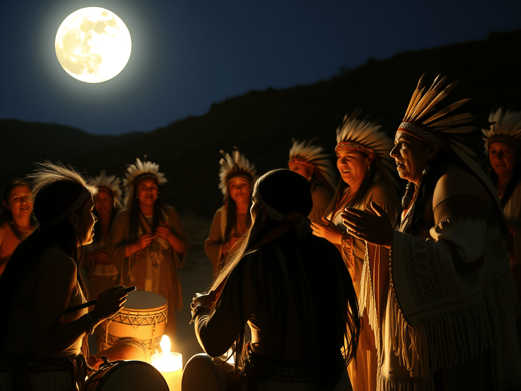 Native American Full Moon Ceremony, illustrating: moon rituals, lunar traditions, modern moon practices, lunar guidance, and intention setting rituals